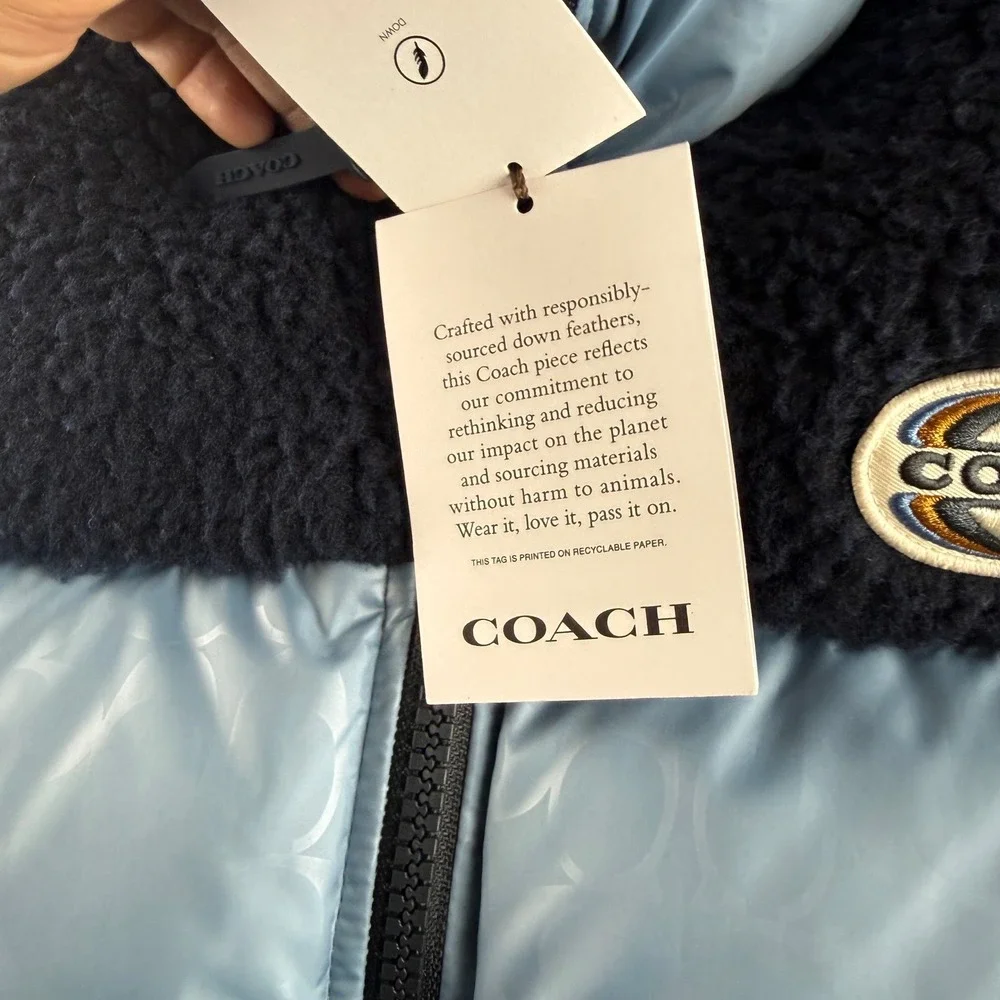 Coach Vest Men's XL Blue Signature Colorblock Puffer Sherpa Down Insulated NEW
